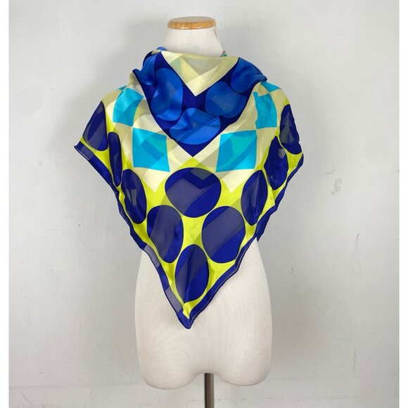 Vintage Geometric Print Silk Scarf 90s Ellen Tracy Large Square Ascot Blue Lime - Picture 3 of 3